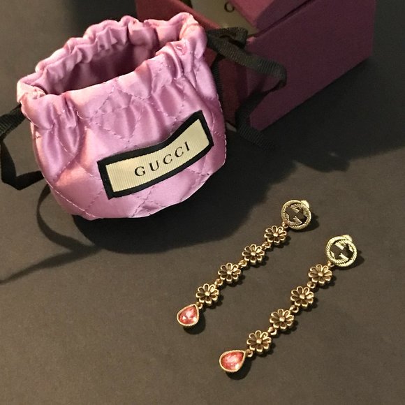 Gucci GG Marmont Pink Daisy Drop Earrings Silver 925 Aged Gold Finish GORGEOUS! - Picture 5 of 16